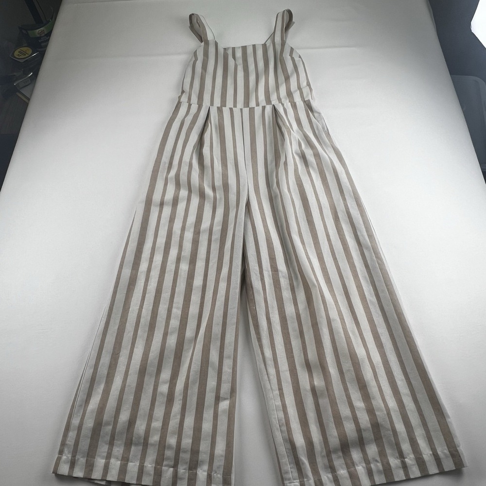 Women's Cotton/Poly Blend Wide Leg Jumpsuit Beige Tan Striped Sz M Boho Lined